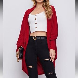 Cozy Red Cardigan Sweater with Balloon Sleeves